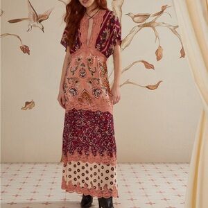 Farm rio Glam Tapestry Burgundy Laces Short Sleeve Maxi Dress